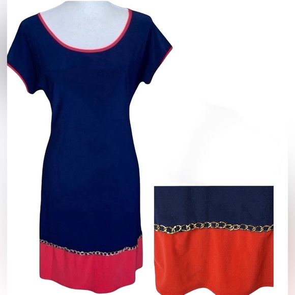 DRESS  sz 12, colorblock ,gold  colored chain detail , heavy ,fitted,MSK,Macy’s - Picture 1 of 13